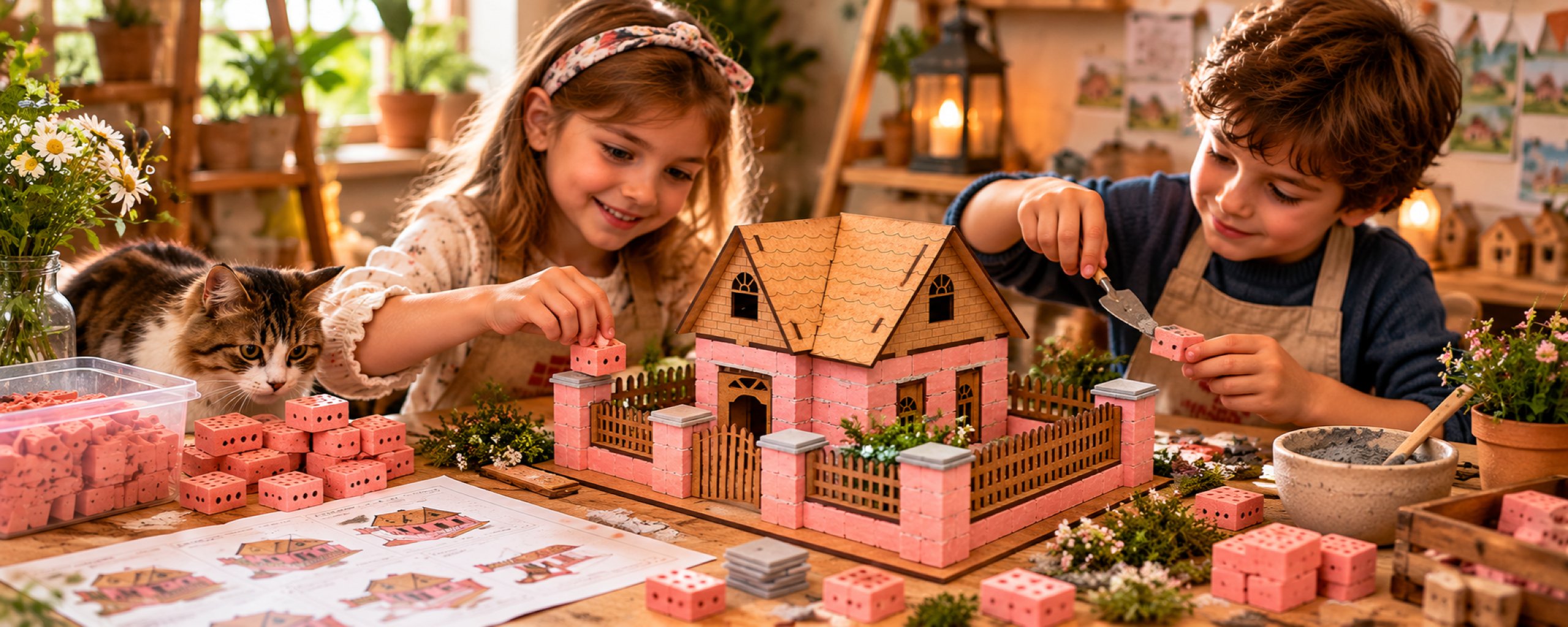 Children building a house from miniature bricks