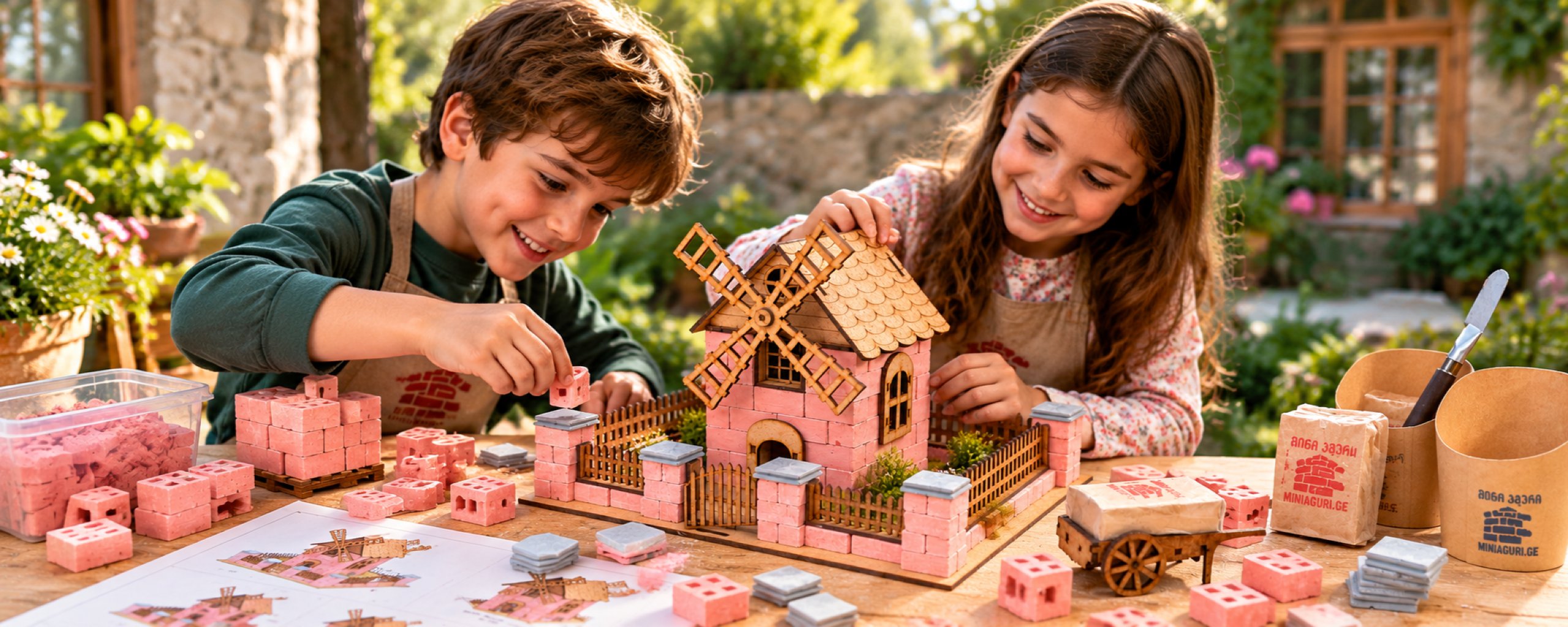 Children building a house from miniature bricks